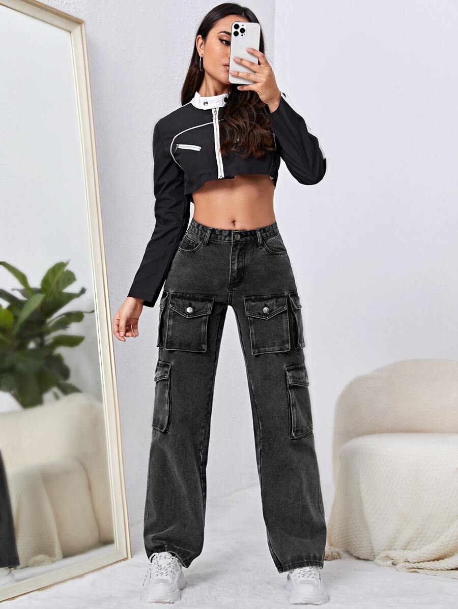 Flap Pocket Cargo Jeans - Black - View 1