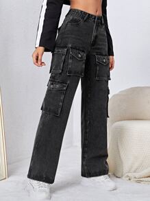Flap Pocket Cargo Jeans - Black - View 3