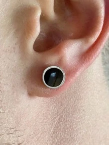 Men Round Stud Earrings - Black - View 1