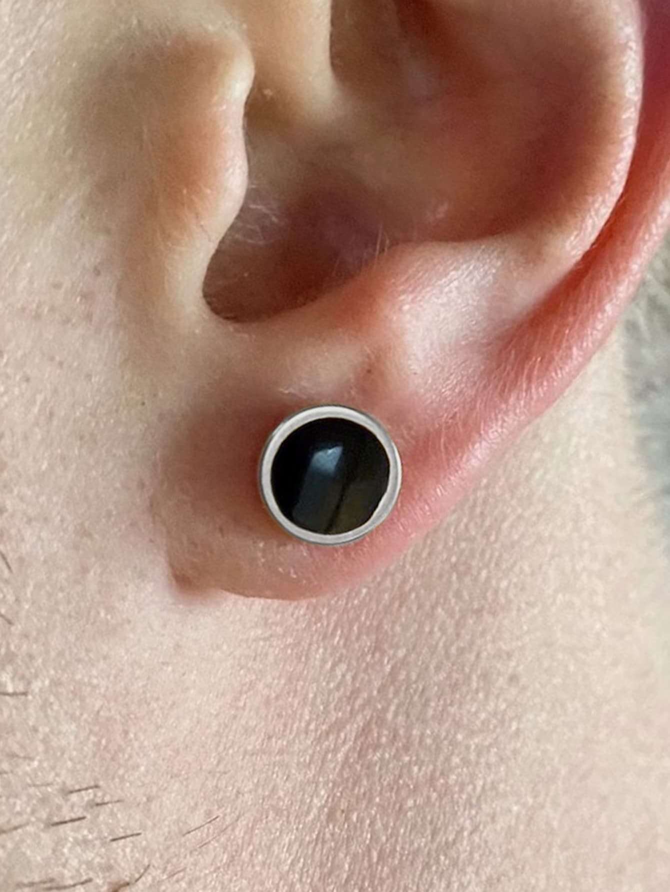 Men Round Stud Earrings - Black - View 1