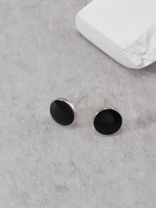 Men Round Stud Earrings - Black - View 2
