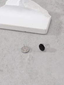 Men Round Stud Earrings - Black - View 4