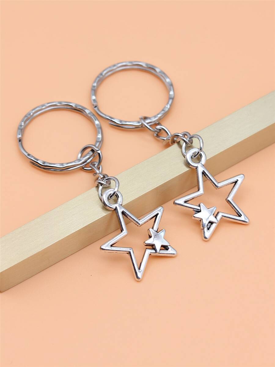 2入組26x22mm中空星形吊飾鑰匙扣25mm外徑壓花鐵環帶鏈鑰匙扣 - 復古銀色 - 查看 1