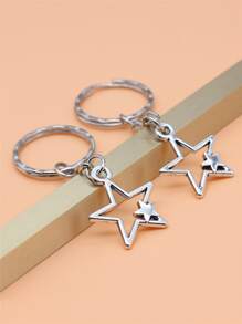 2入組26x22mm中空星形吊飾鑰匙扣25mm外徑壓花鐵環帶鏈鑰匙扣 - 復古銀色 - 查看 2