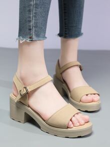搭扣装饰踝带厚底凉鞋，夏季穿搭，旅行必备 - 米色 - 查看 2