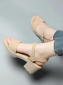 搭扣装饰踝带厚底凉鞋，夏季穿搭，旅行必备 - 米色 - 查看 3