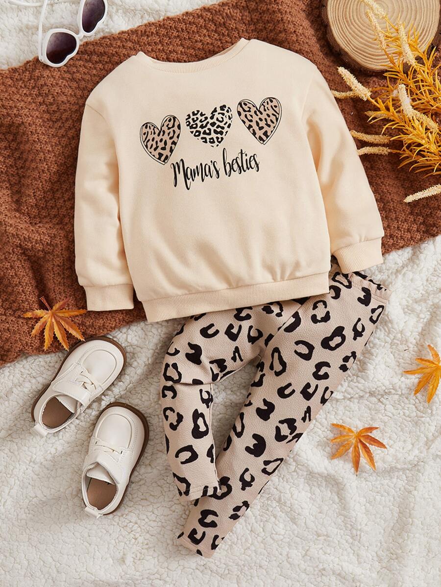 SHEIN Baby Girl Letter Graphic Sweatshirt & Leopard Print Leggings - Multicolor - View 1