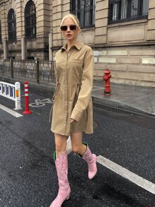 SHEIN Drawstring Waist Pocket Patched Shirt Dress - Khaki - View 3