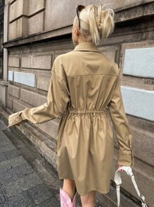 SHEIN Drawstring Waist Pocket Patched Shirt Dress - Khaki - View 2