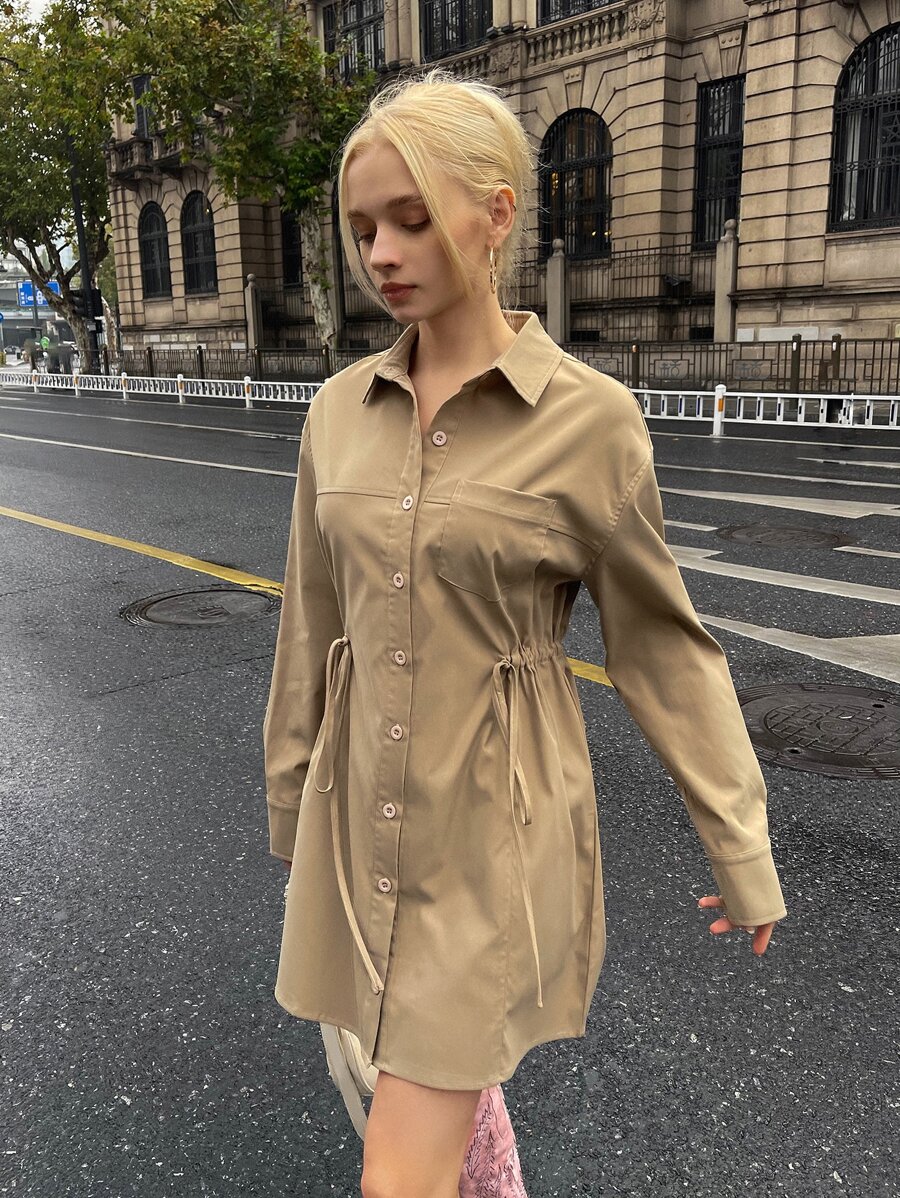 SHEIN Drawstring Waist Pocket Patched Shirt Dress - Khaki - View 1