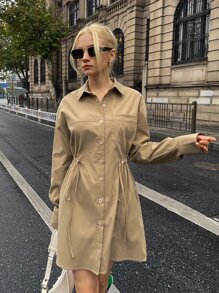 SHEIN Drawstring Waist Pocket Patched Shirt Dress - Khaki - View 5
