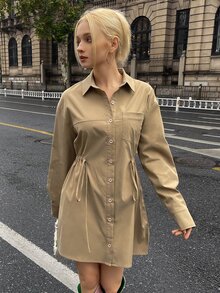 SHEIN Drawstring Waist Pocket Patched Shirt Dress - Khaki - View 6