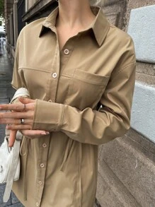 SHEIN Drawstring Waist Pocket Patched Shirt Dress - Khaki - View 7