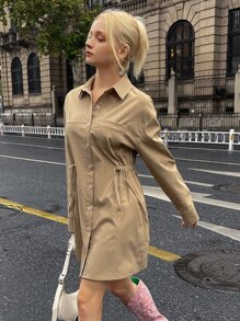 SHEIN Drawstring Waist Pocket Patched Shirt Dress - Khaki - View 8