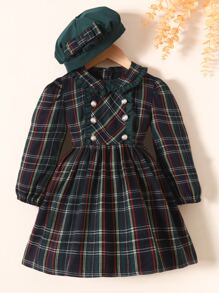 SHEIN 小女童蘇格蘭格紋彼得潘領雙排釦連衣裙附帽子 - 彩色 - 查看 1