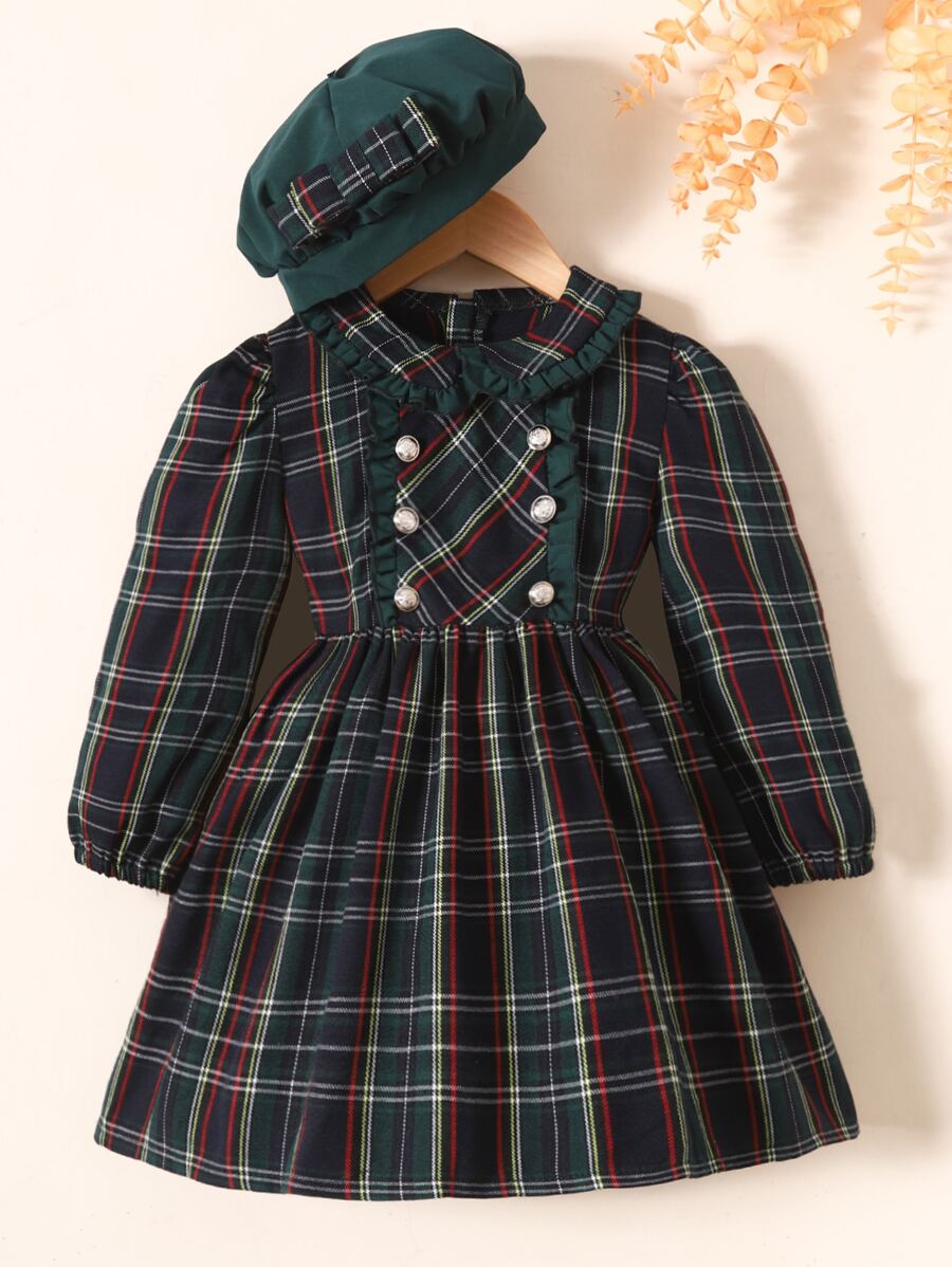 SHEIN 小女童蘇格蘭格紋彼得潘領雙排釦連衣裙附帽子 - 彩色 - 查看 1