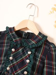 SHEIN 小女童蘇格蘭格紋彼得潘領雙排釦連衣裙附帽子 - 彩色 - 查看 3