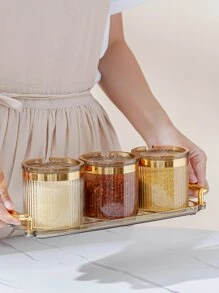 3pcs Round Spice Jar & 1pc Tray With Handle - Multicolor - View 4