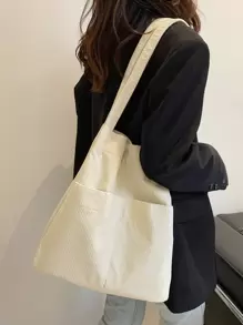 Portable,Lightweight Minimalist Corduroy Shopper Bag, Mother's Day Gift For Mom White-Collar Workers,Teacher Teacher's Day,Outdoors, Travel, Outings,Middle School, High School,Elementary School,College,Perfect For School Women's Corduroy Double Handle Big Canvas Shoulder Bags Tote Handbags With PocketsLightweight,Portable,Large Capacity,Laptop Compartment, Suitable For Teen Girls Women College Students, Perfect For Back To School,College,Middle School, High School - Beige - View 3