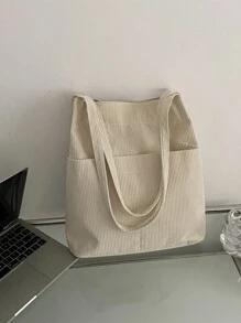 Portable,Lightweight Minimalist Corduroy Shopper Bag, Mother's Day Gift For Mom White-Collar Workers,Teacher Teacher's Day,Outdoors, Travel, Outings,Middle School, High School,Elementary School,College,Perfect For School Women's Corduroy Double Handle Big Canvas Shoulder Bags Tote Handbags With PocketsLightweight,Portable,Large Capacity,Laptop Compartment, Suitable For Teen Girls Women College Students, Perfect For Back To School,College,Middle School, High School - Beige - View 2