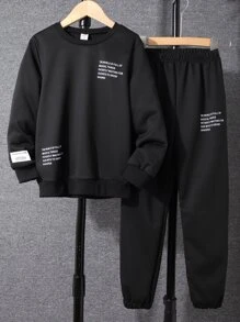 SHEIN Chicos Pantalones deportivos con sudadera con estampado de slogan - Negro - Ver 1