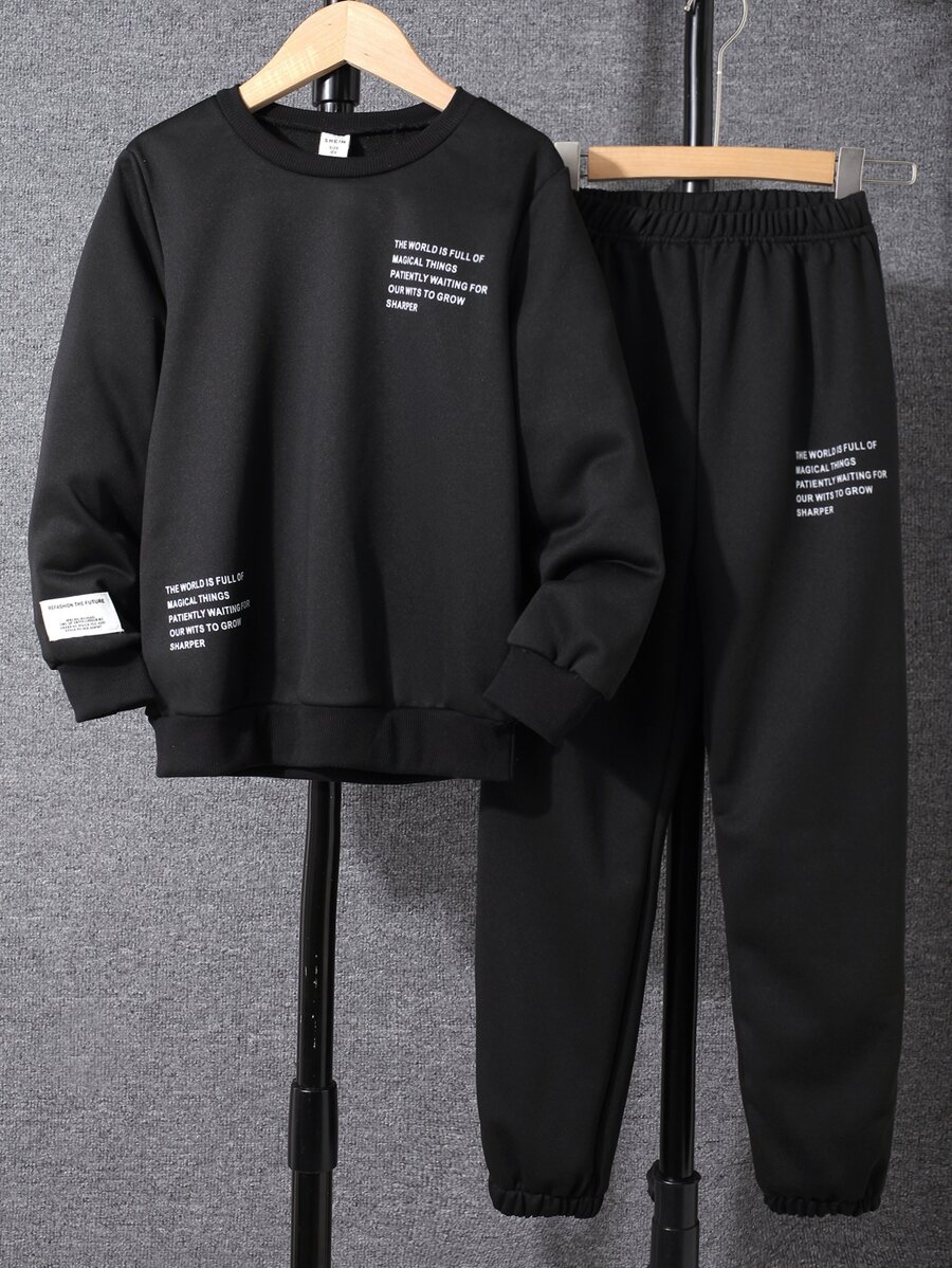 SHEIN Chicos Pantalones deportivos con sudadera con estampado de slogan - Negro - Ver 1