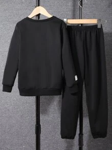 SHEIN Chicos Pantalones deportivos con sudadera con estampado de slogan - Negro - Ver 2