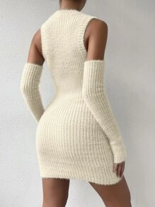 SHEIN Essnce Ribbed Knit Fuzzy Sweater Dress & Arm Sleeves