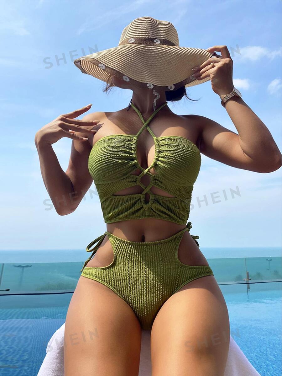 SHEIN Swim Bikini halter con cordón y corte en playa de verano - Verde Oliva - Ver 1