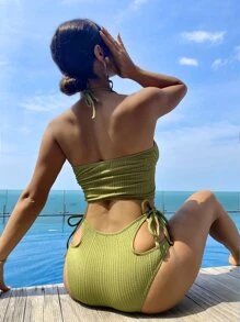 SHEIN Swim Summer Beach Plain Cut-Out Drawstring Halter Bikini - Olive Green - View 2