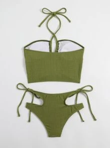 SHEIN Swim Summer Beach Plain Cut-Out Drawstring Halter Bikini - Olive Green - View 3