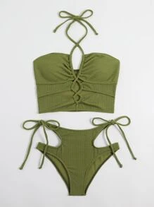 SHEIN Swim Summer Beach Plain Cut-Out Drawstring Halter Bikini - Olive Green - View 4