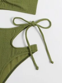 SHEIN Swim Summer Beach Plain Cut-Out Drawstring Halter Bikini - Olive Green - View 5