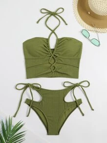 SHEIN Swim Summer Beach Plain Cut-Out Drawstring Halter Bikini - Olive Green - View 6