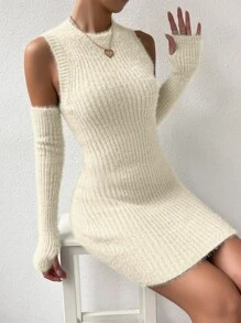 SHEIN Essnce Ribbed Knit Fuzzy Sweater Dress & Arm Sleeves