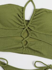 SHEIN Swim Summer Beach Plain Cut-Out Drawstring Halter Bikini - Olive Green - View 7