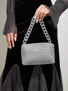 迷你水鑽裝飾鏈條方包 - 銀色 - 查看 1