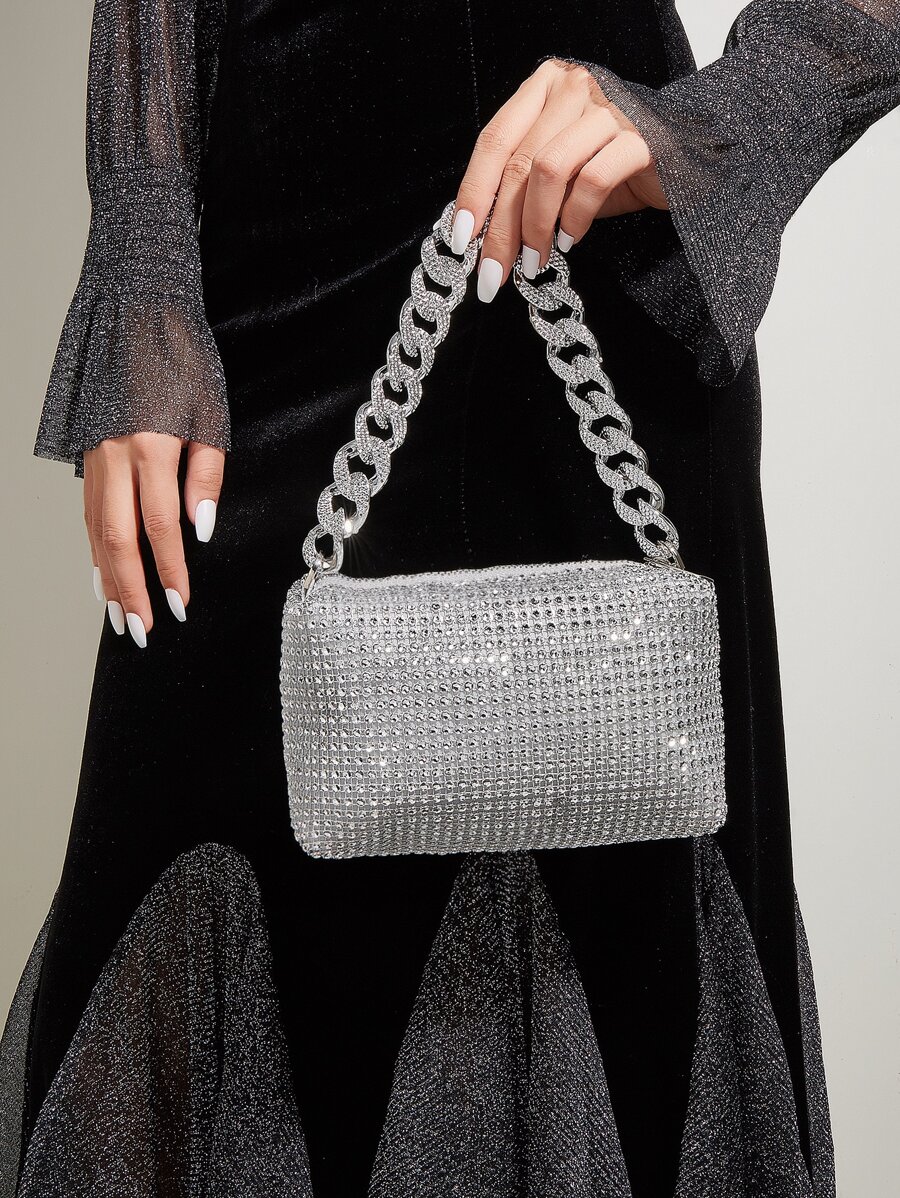 迷你水鑽裝飾鏈條方包 - 銀色 - 查看 1