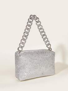 迷你水鑽裝飾鏈條方包 - 銀色 - 查看 2