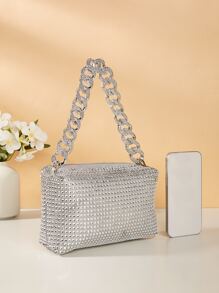 迷你水鑽裝飾鏈條方包 - 銀色 - 查看 4