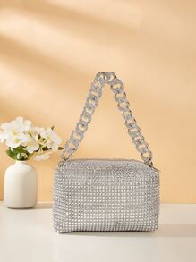 迷你水鑽裝飾鏈條方包 - 銀色 - 查看 5