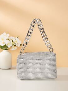 迷你水鑽裝飾鏈條方包 - 銀色 - 查看 6