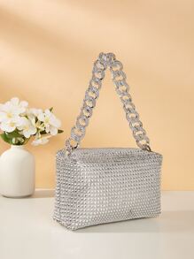 迷你水鑽裝飾鏈條方包 - 銀色 - 查看 7