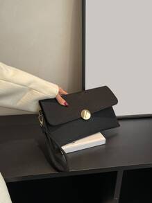 荔枝紋壓花翻蓋方包 - 黑色 - 查看 1