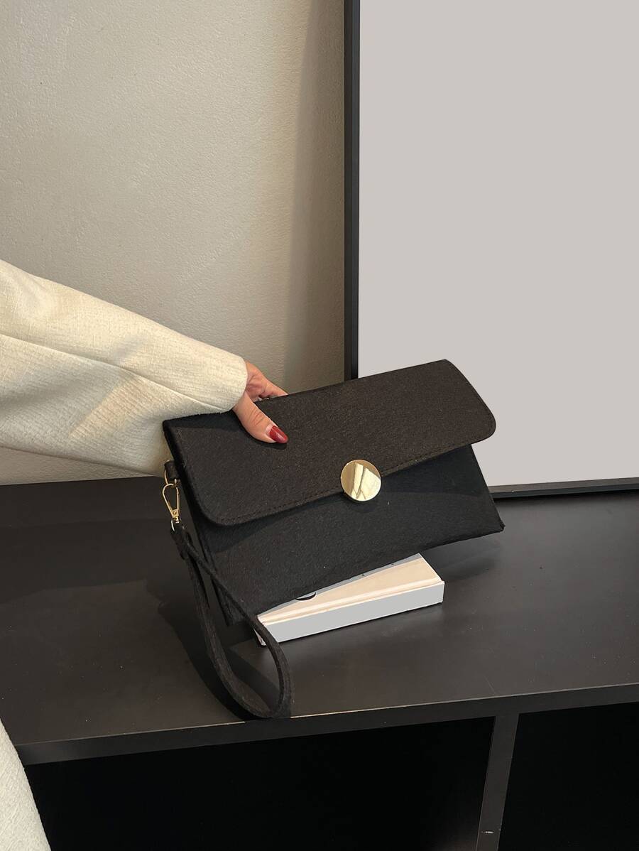 荔枝紋壓花翻蓋方包 - 黑色 - 查看 1