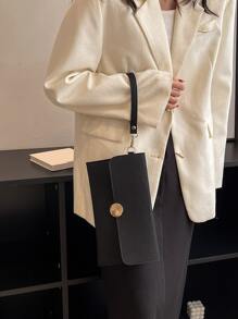 荔枝紋壓花翻蓋方包 - 黑色 - 查看 2