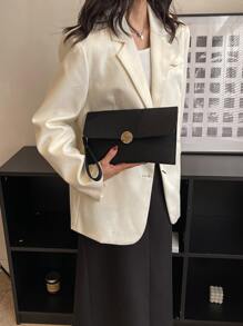 荔枝紋壓花翻蓋方包 - 黑色 - 查看 5