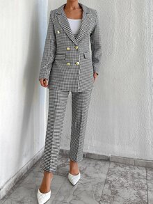 EURMUSE Houndstooth Print Double Breasted Blazer & Trousers - Black and White - View 3