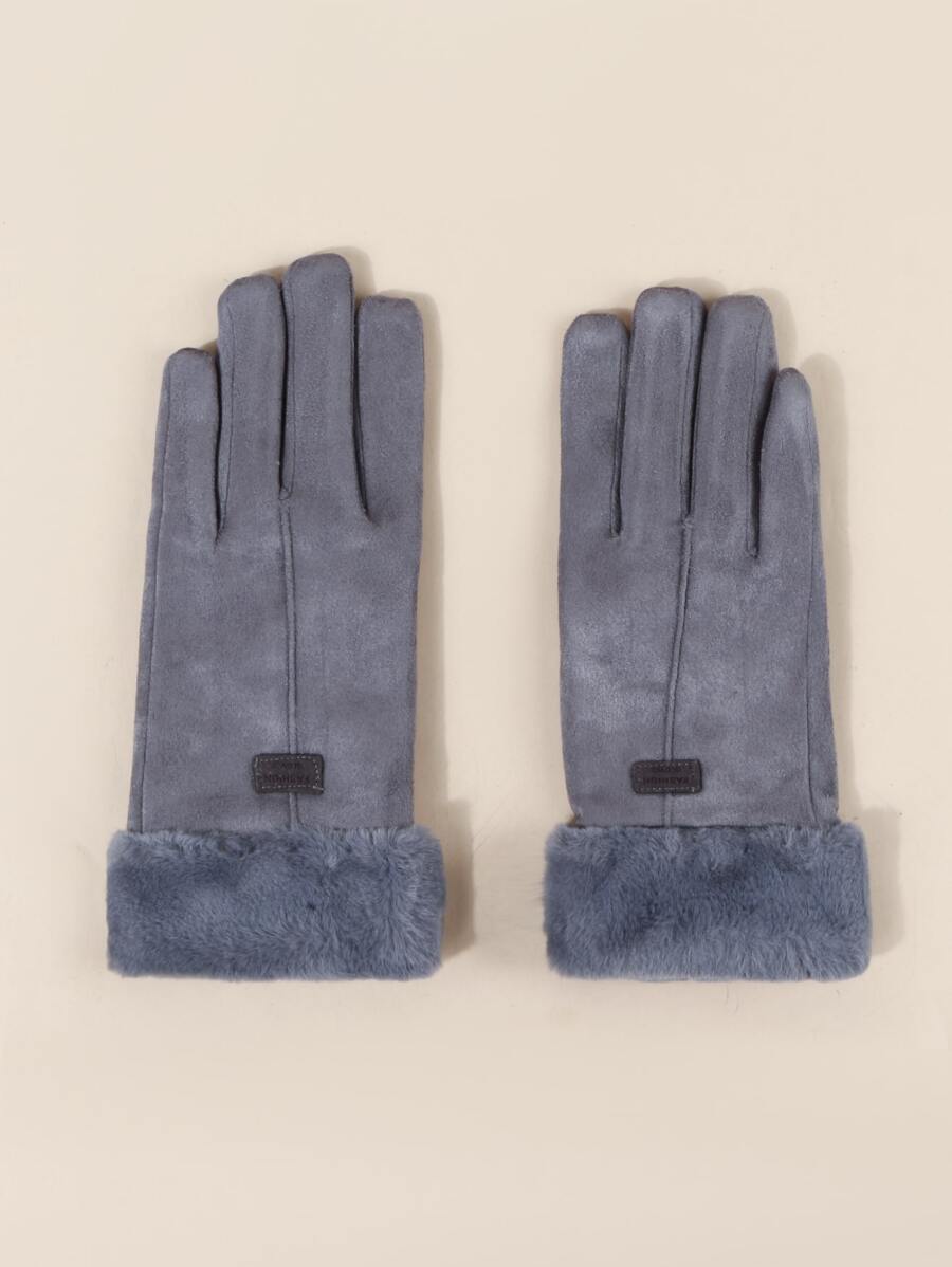 1pair Winter Warm Solid Color Plush Faux Suede Gloves, Simple Style With PU Leather Label, For Men And Women Couples, Daily Outdoor Warm - Grey - View 1