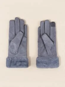 1pair Winter Warm Solid Color Plush Faux Suede Gloves, Simple Style With PU Leather Label, For Men And Women Couples, Daily Outdoor Warm - Grey - View 2